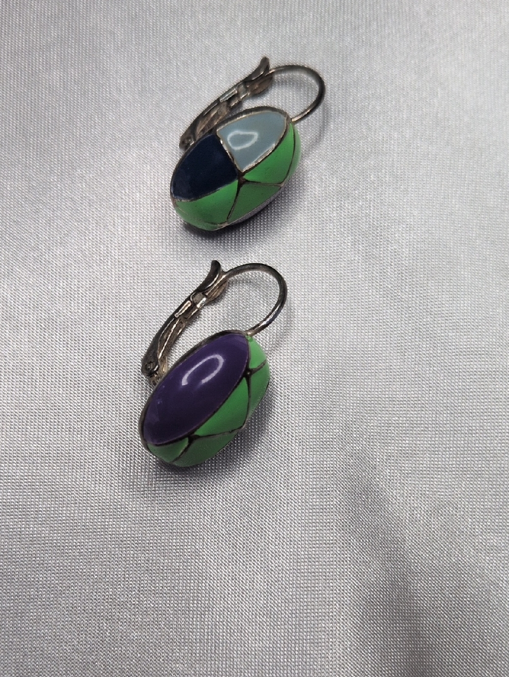 Multicolor Enamel Oval Drop Earrings (Pierced) - Green & Blue